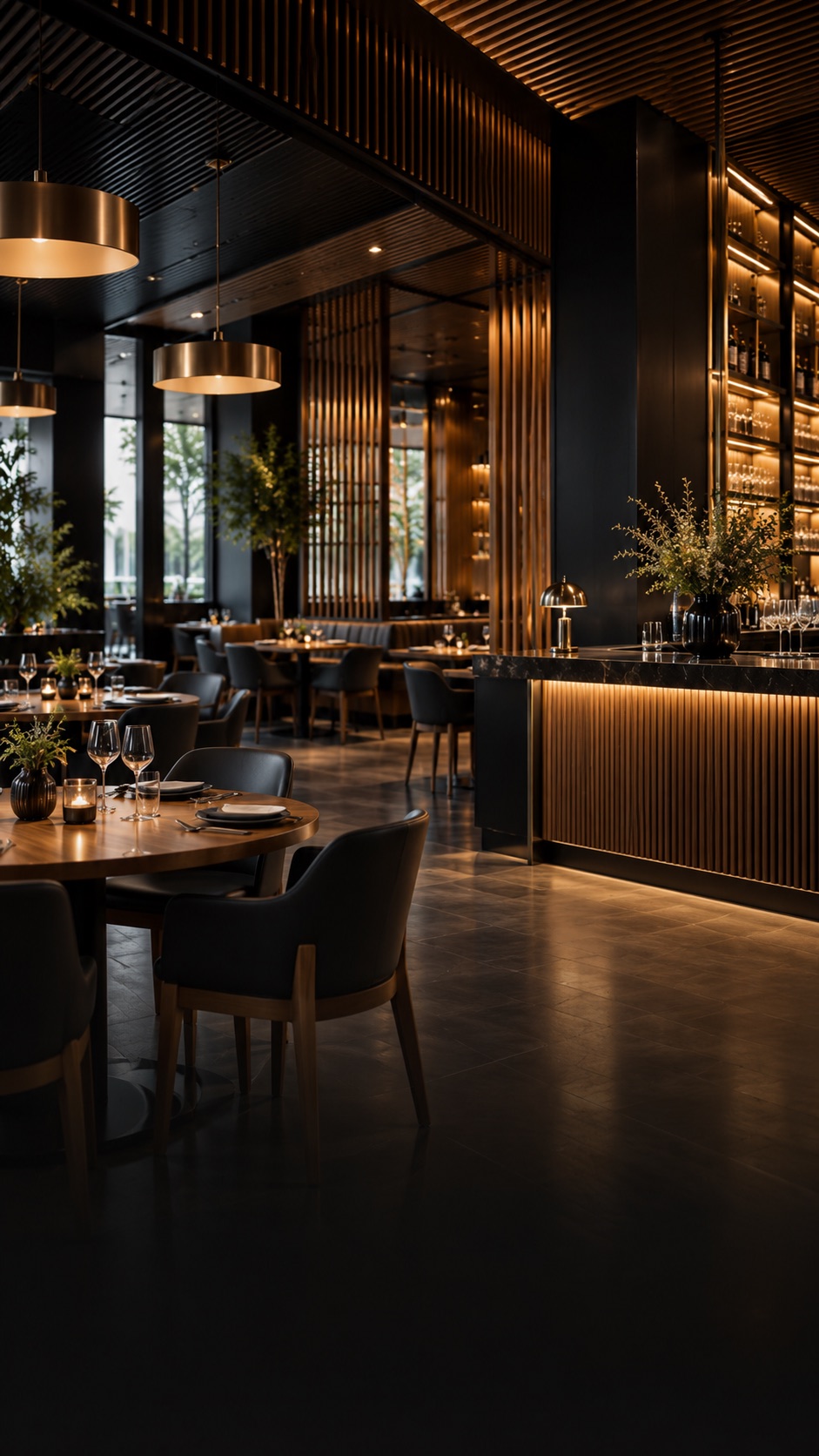 Upscale restaurant build-out with timber slat ceiling and bar