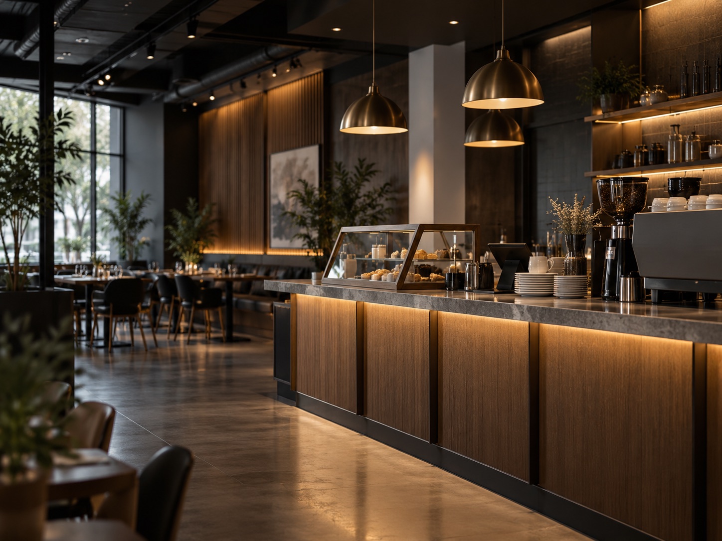 Modern café counter with wood paneling and pendant lights
