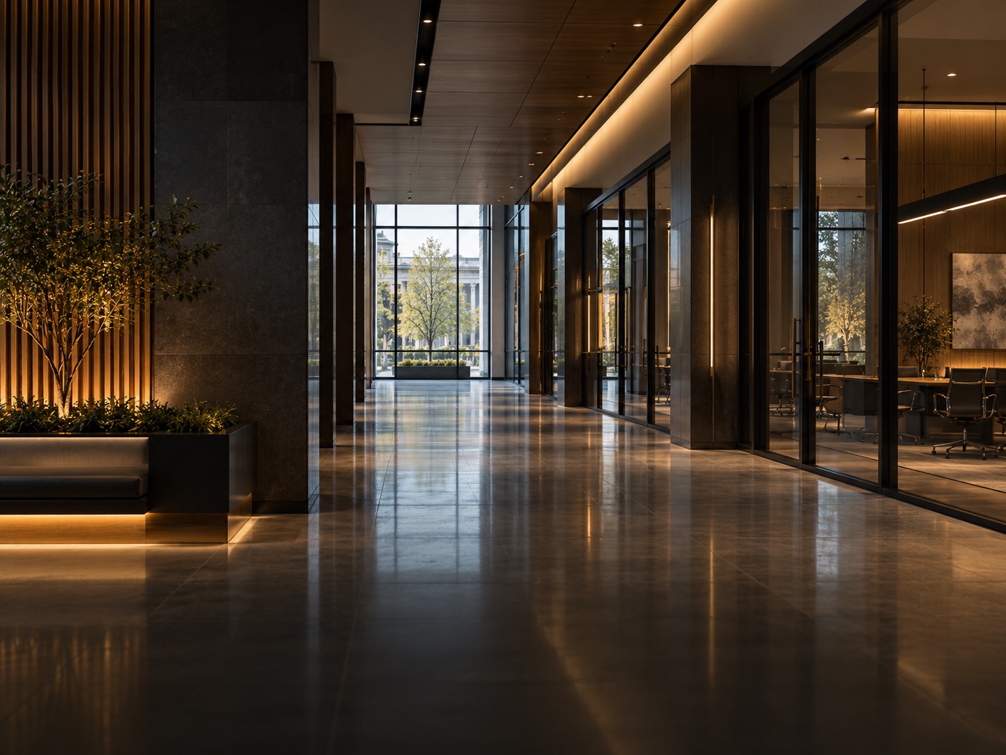 Renovated public building lobby with glass offices