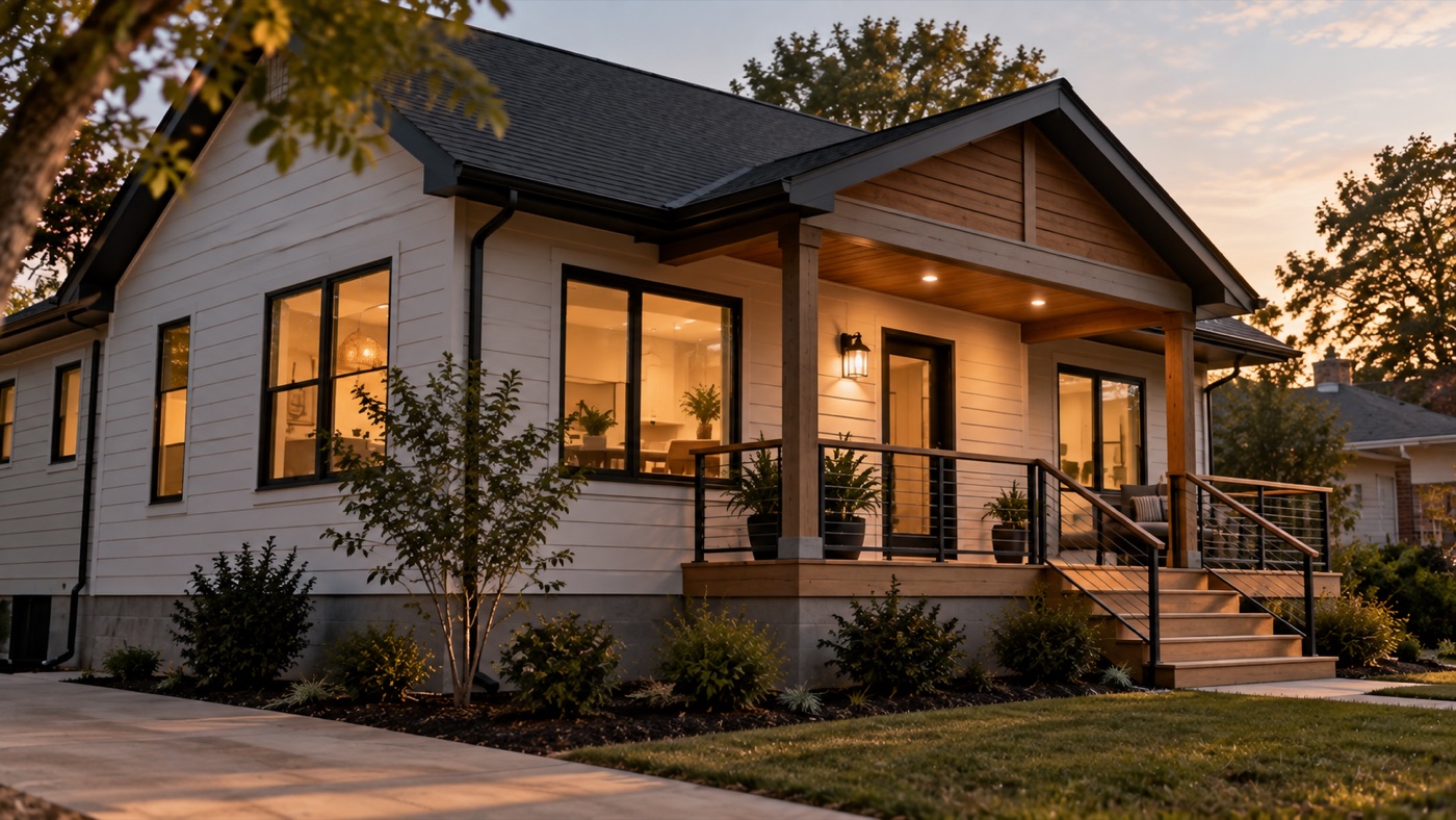 Rehabbed single-story rental home with new siding and cable-rail porch