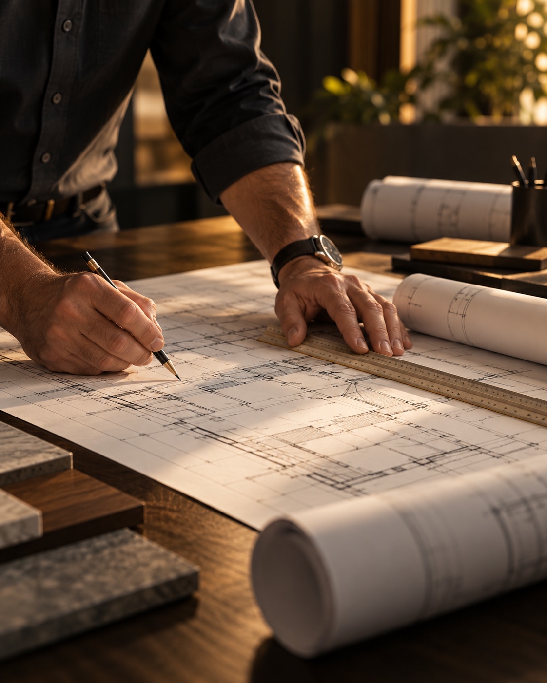 Construction drawings being marked up with a ruler