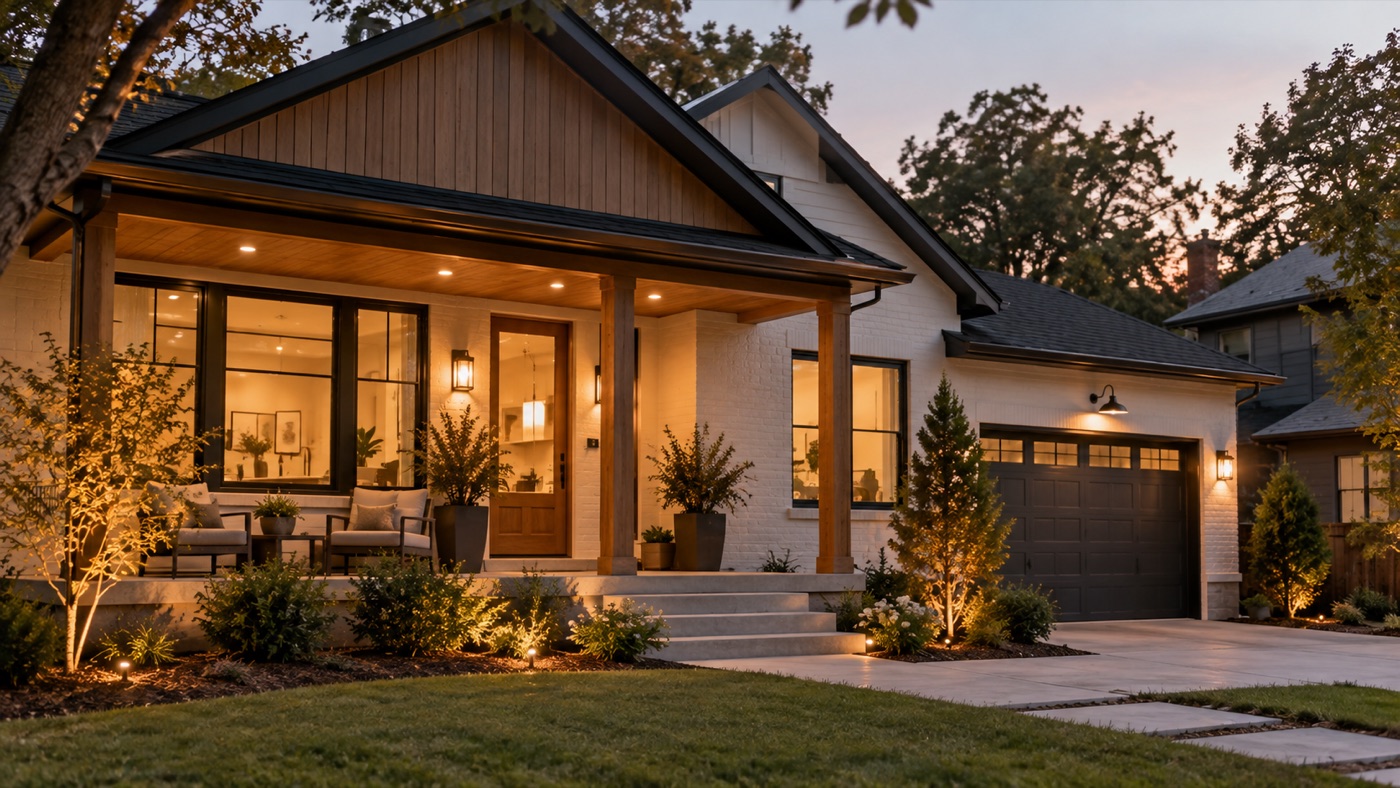 Renovated brick ranch home with timber porch and warm exterior lighting