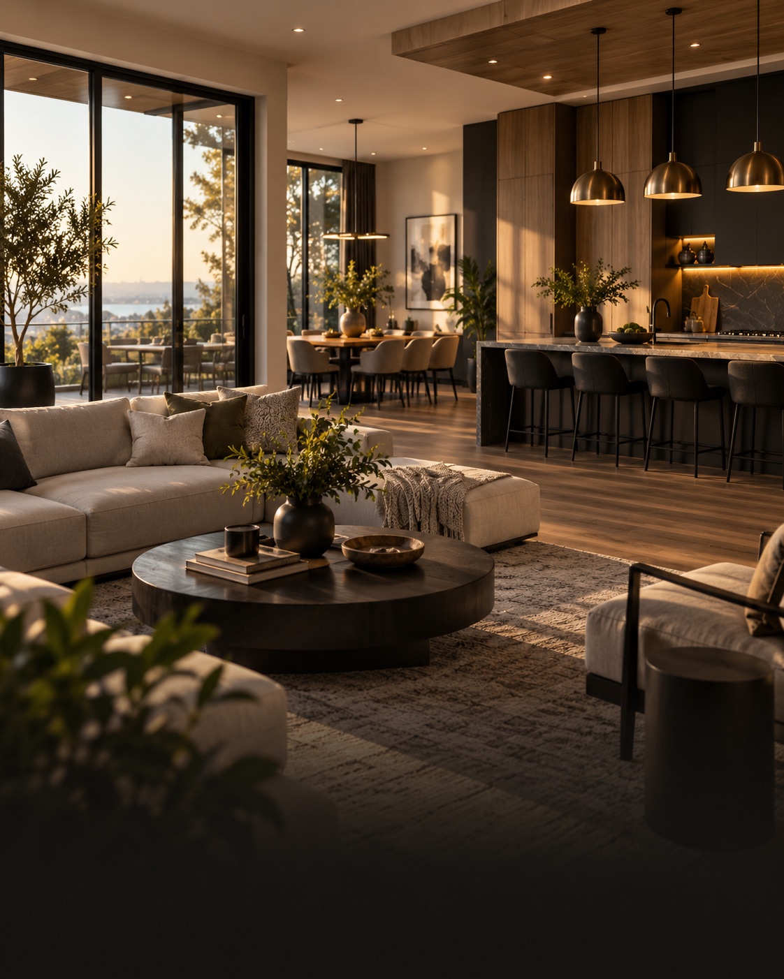 Renovated living room with open kitchen and city view